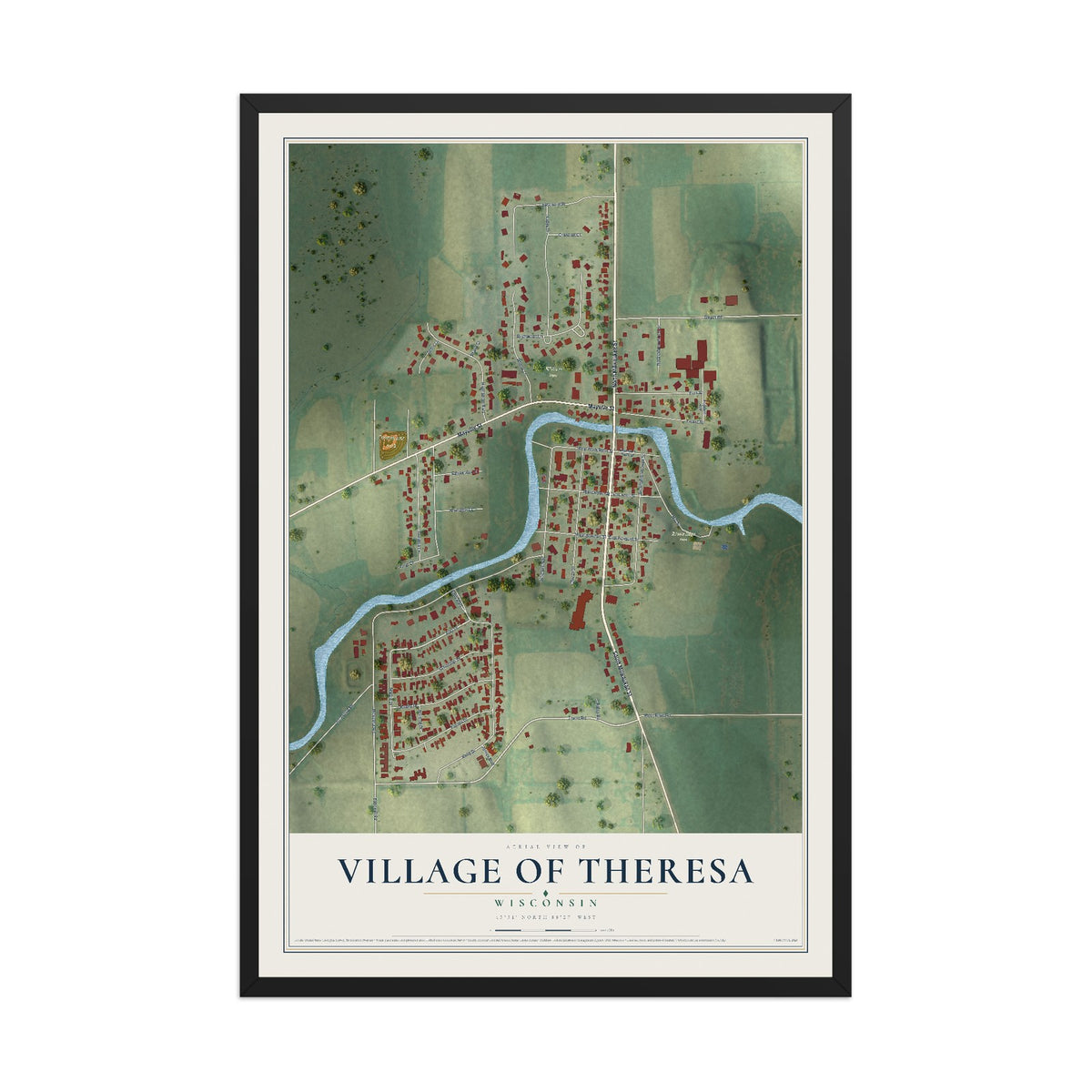 Map of Theresa, Wisconsin, 12 x 18 inch print in a black wood frame