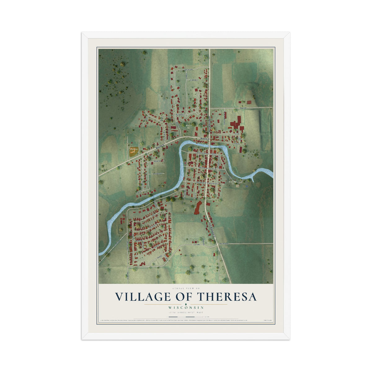 Map of Theresa, Wisconsin, 12 x 18 inch print in a white wood frame