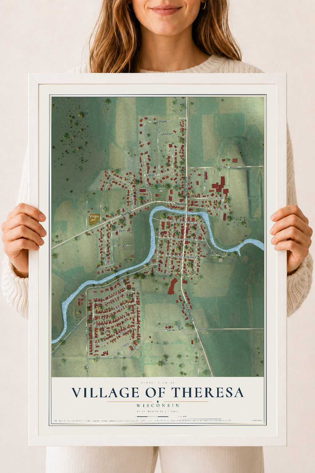 Map of Theresa, Wisconsin, 18 x 24 inch print in a white wood frame