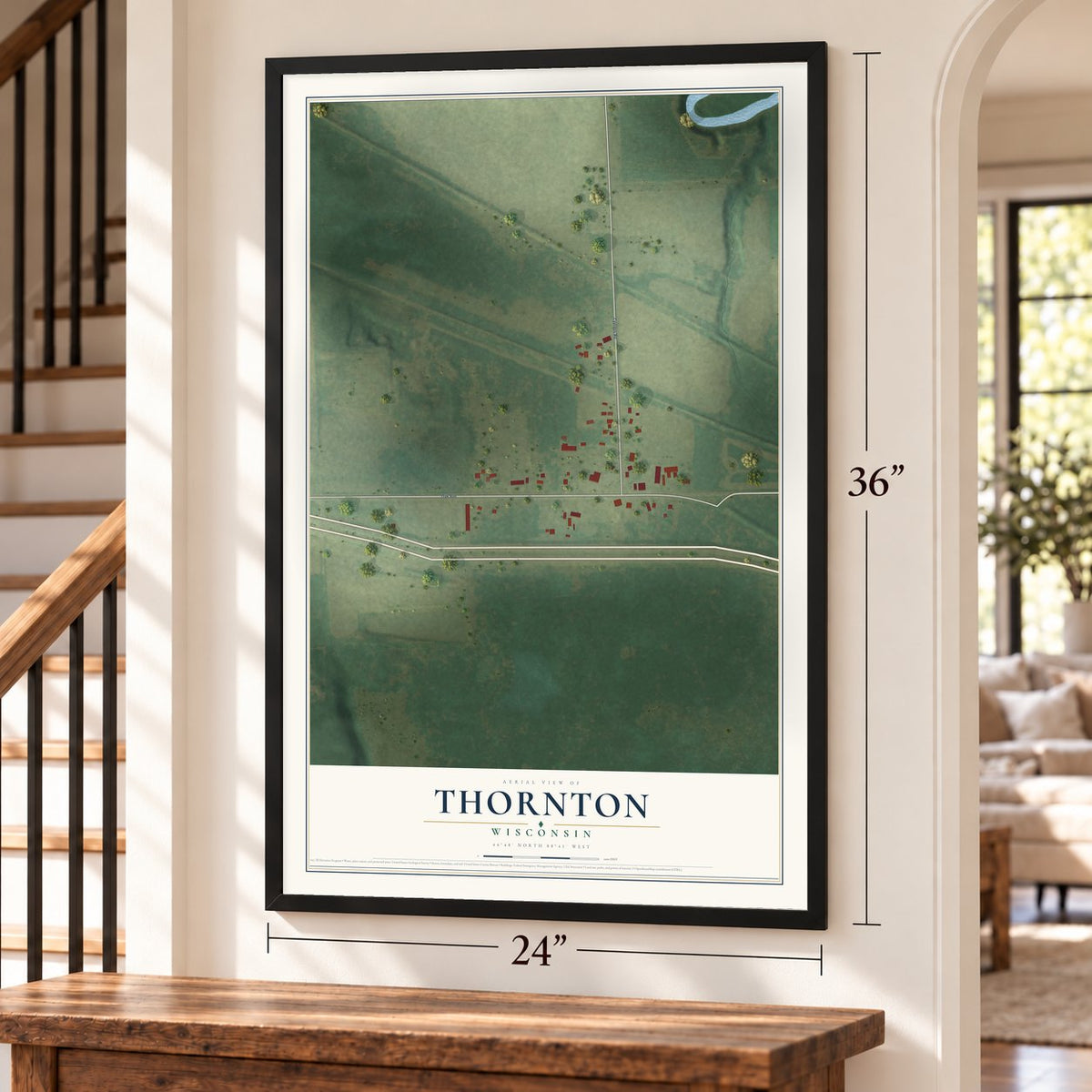 Thornton, Wisconsin map, 24 x 36 inch print in a black frame by a staircase