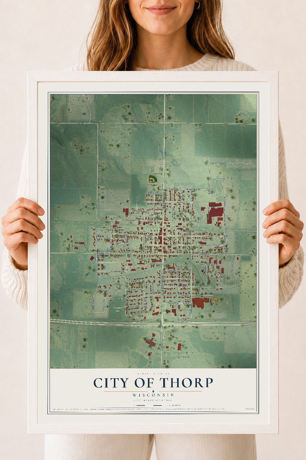 Map of Thorp, Wisconsin, 18 x 24 inch print in a white wood frame