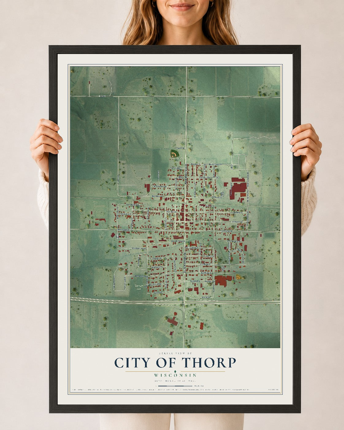 Map of Thorp, Wisconsin, 24 x 36 inch print in a black wood frame