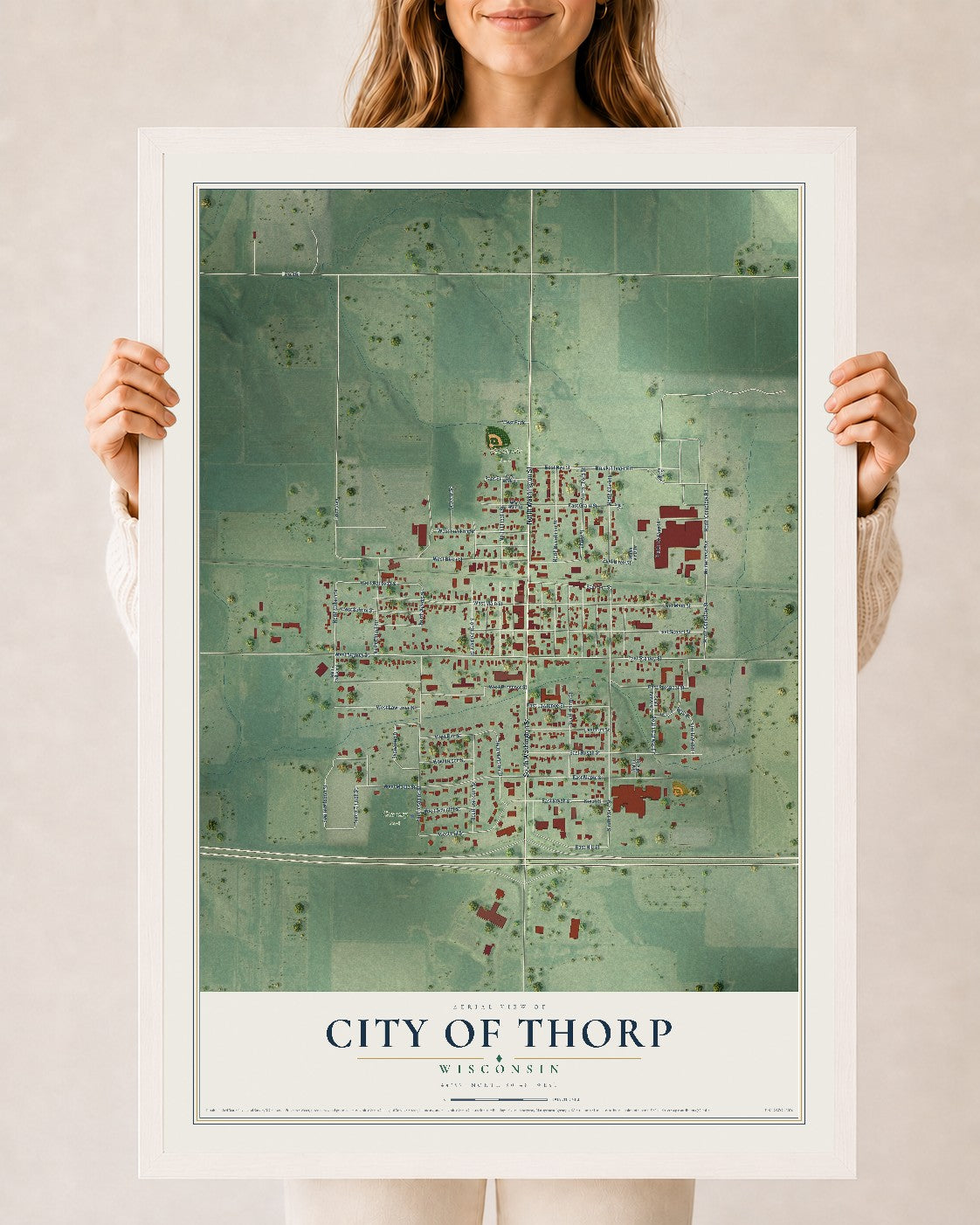 Map of Thorp, Wisconsin, 24 x 36 inch print in a white wood frame