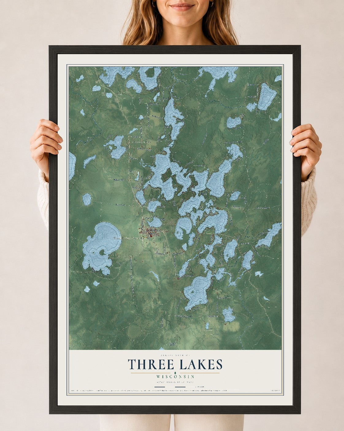 Map of Three Lakes, Wisconsin, 24 x 36 inch print in a black wood frame