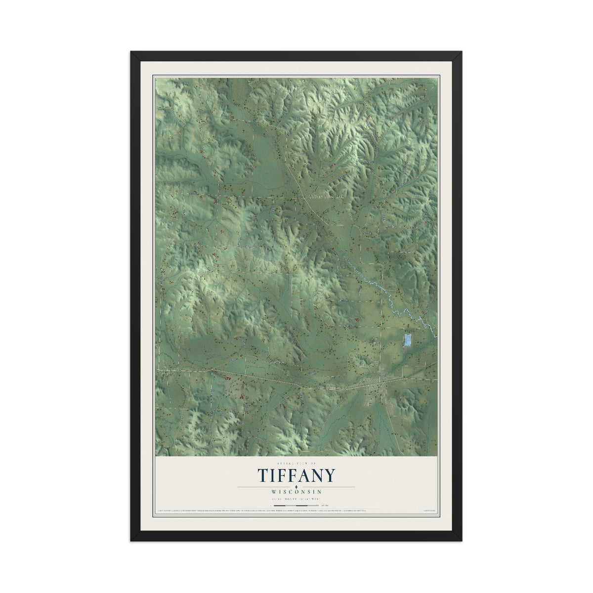 Map of Tiffany, Wisconsin, 12 x 18 inch print in a black wood frame