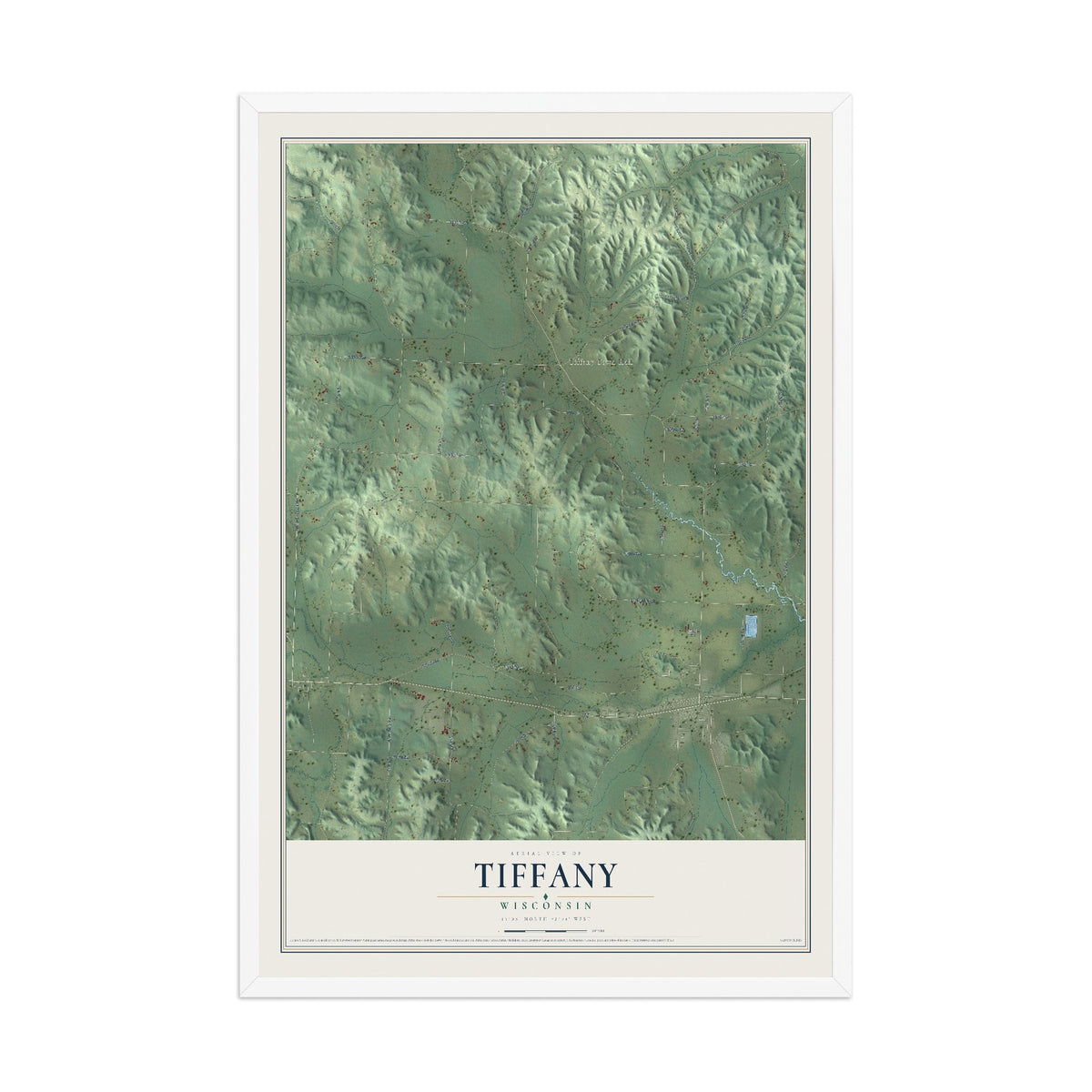 Map of Tiffany, Wisconsin, 12 x 18 inch print in a white wood frame