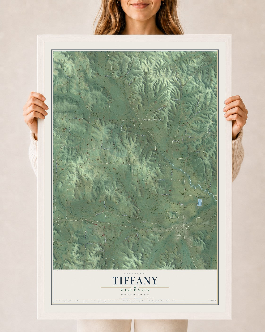 Map of Tiffany, Wisconsin, 24 x 36 inch print in a white wood frame