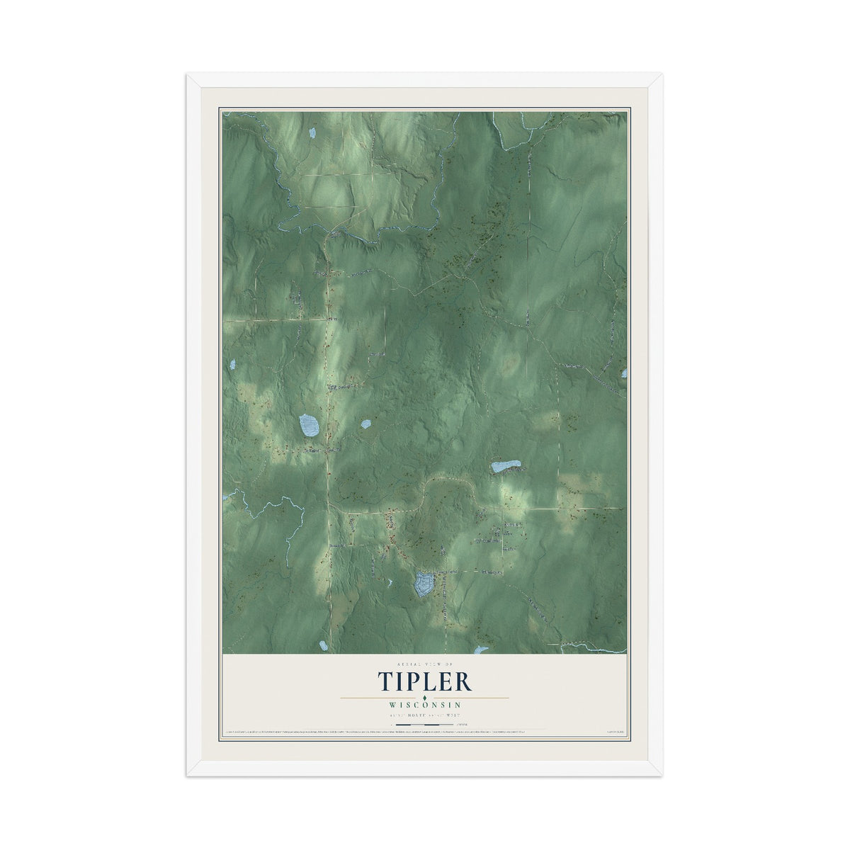 Map of Tipler, Wisconsin, 12 x 18 inch print in a white wood frame