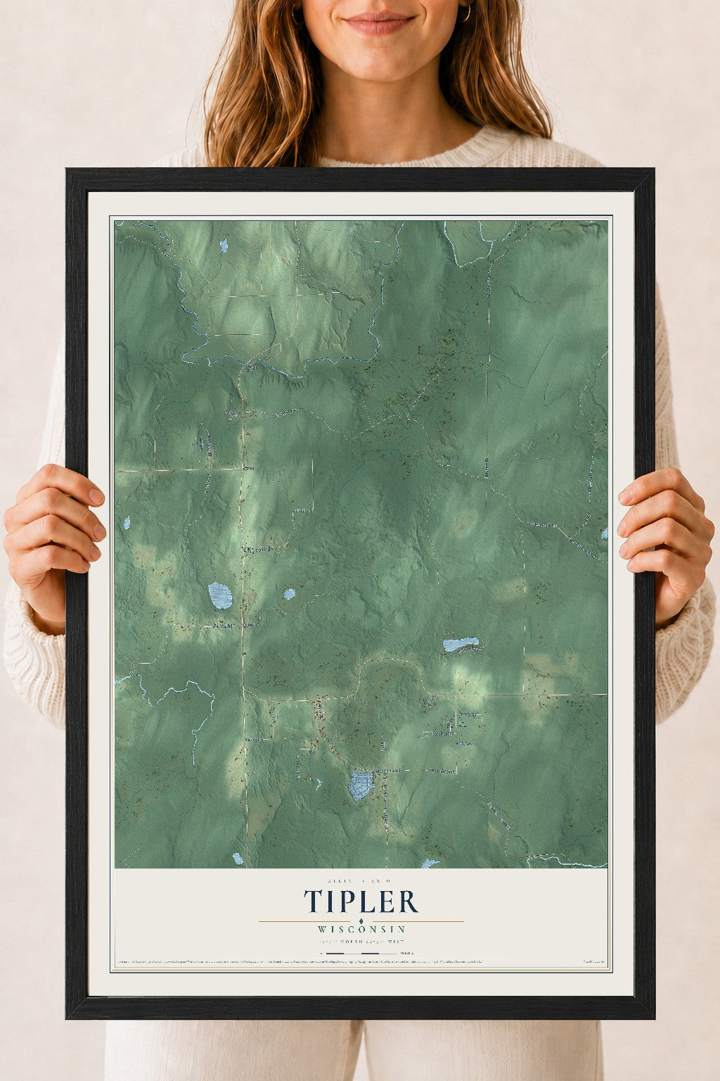Map of Tipler, Wisconsin, 18 x 24 inch print in a black wood frame