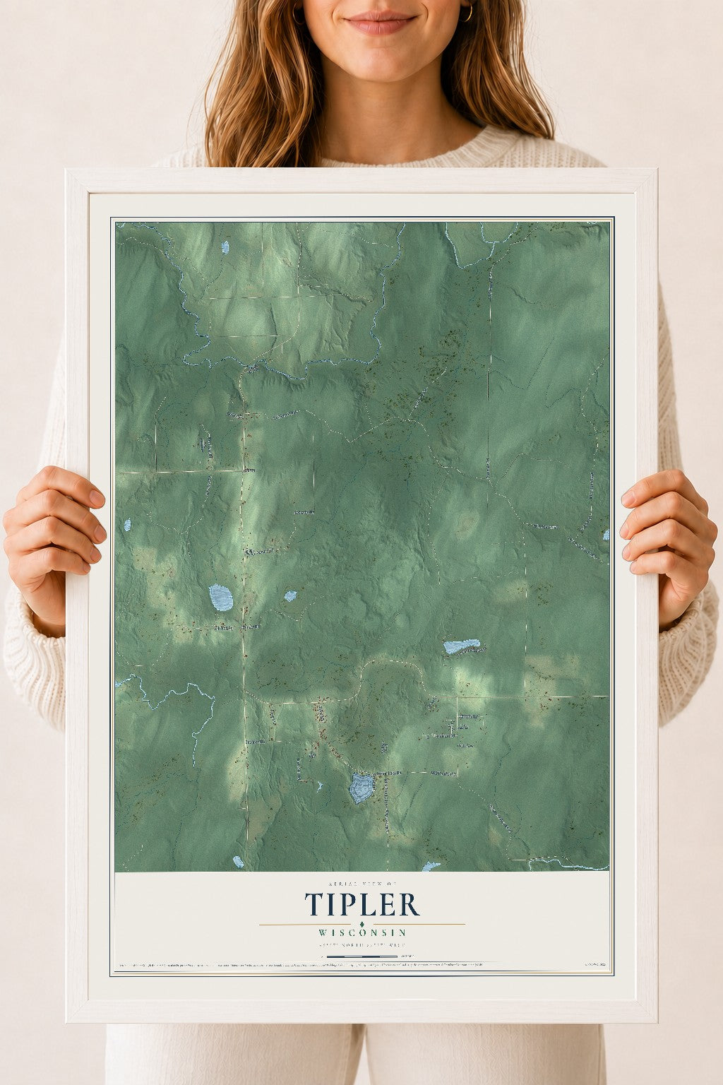 Map of Tipler, Wisconsin, 18 x 24 inch print in a white wood frame