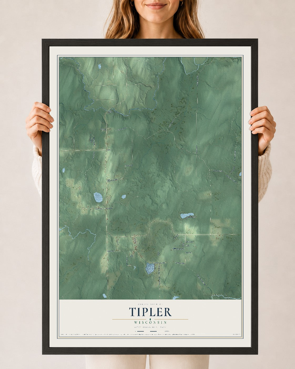 Map of Tipler, Wisconsin, 24 x 36 inch print in a black wood frame