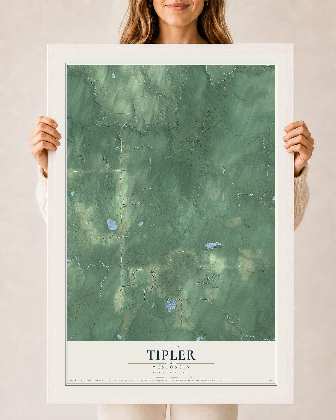 Map of Tipler, Wisconsin, 24 x 36 inch print in a white wood frame