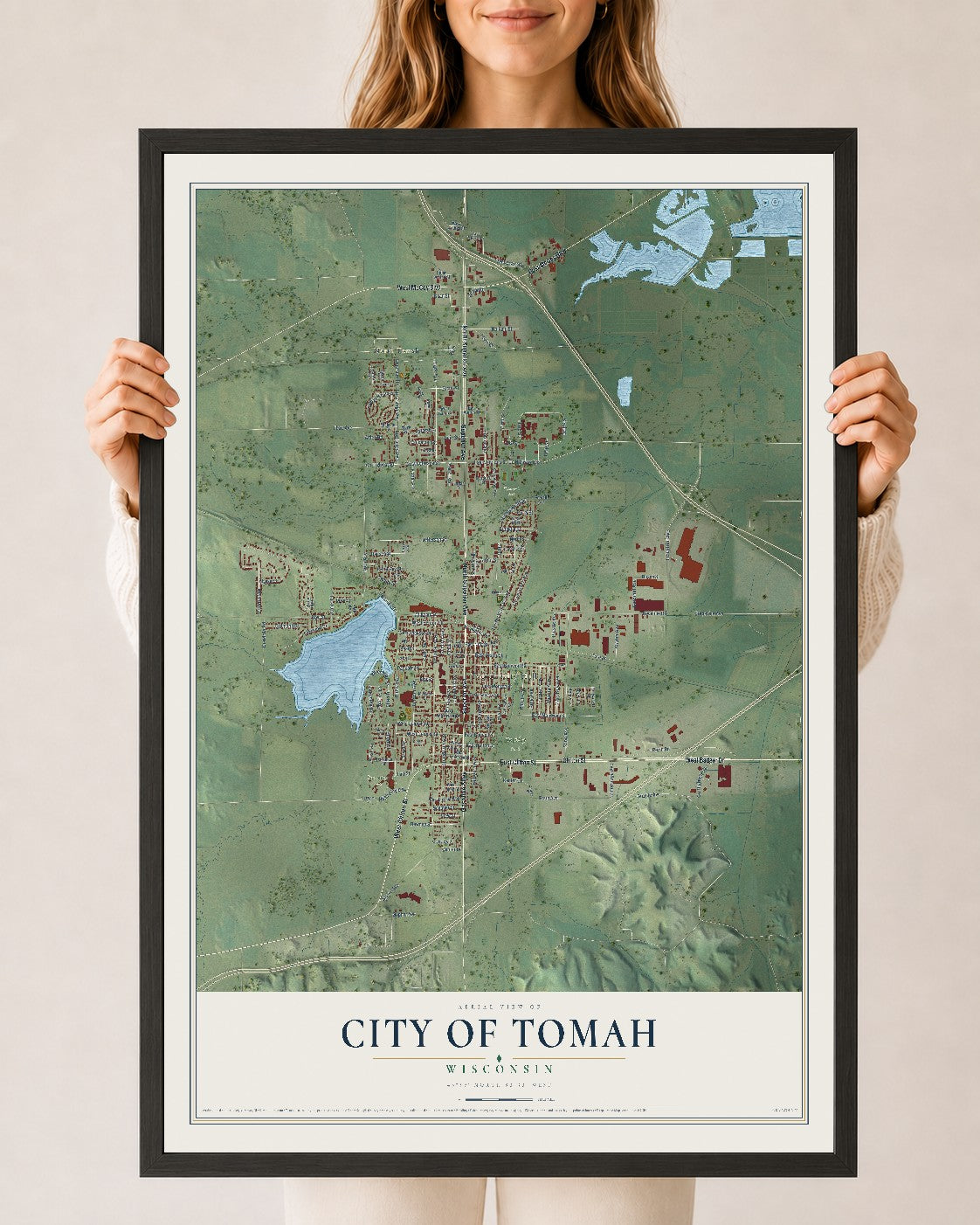 Map of Tomah, Wisconsin, 24 x 36 inch print in a black wood frame
