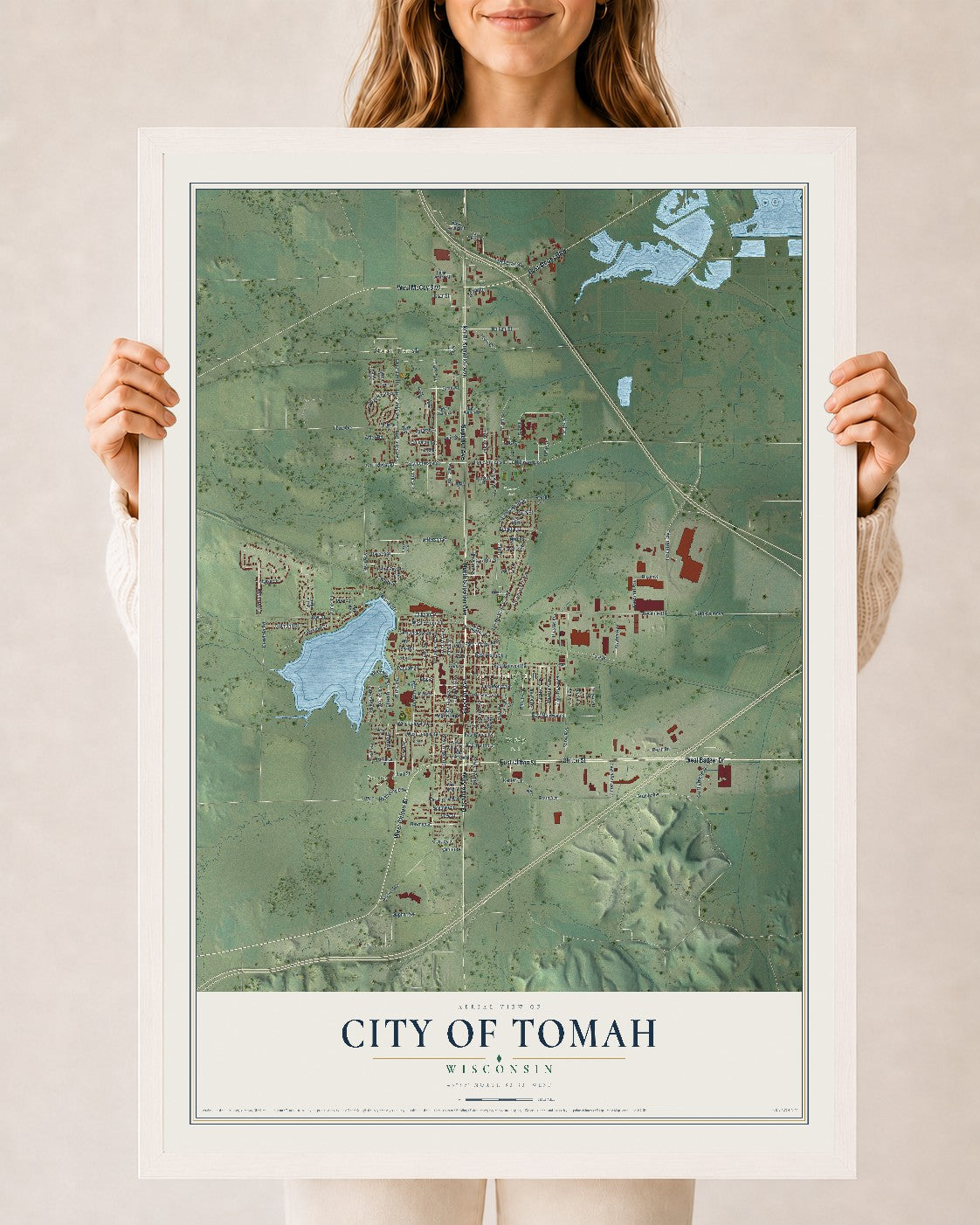 Map of Tomah, Wisconsin, 24 x 36 inch print in a white wood frame