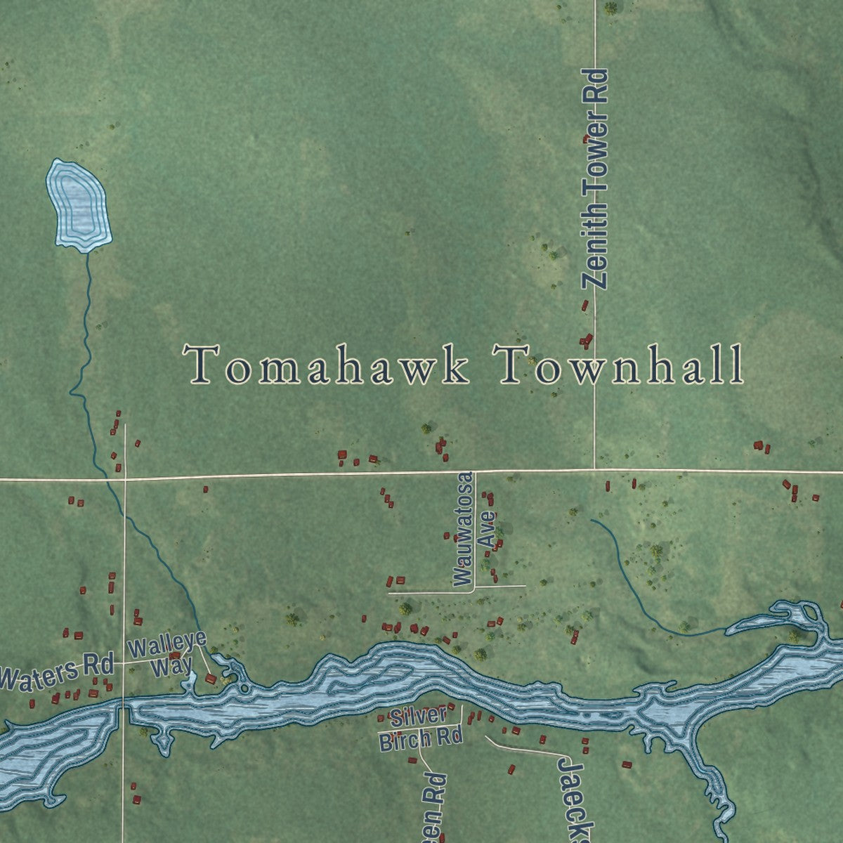 Second close-up of the map of the Town of Tomahawk, Wisconsin print showing more streets and buildings