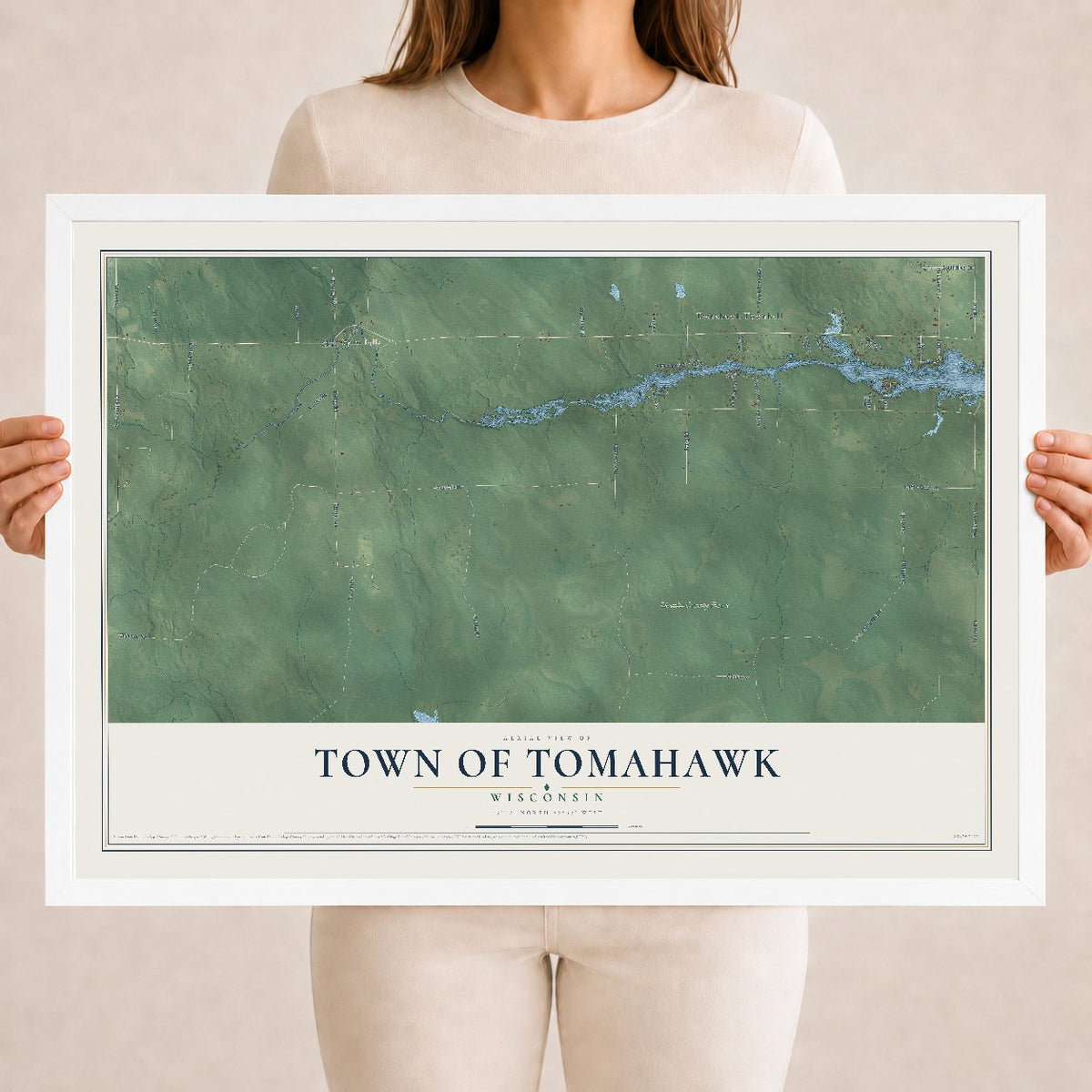 Map of the Town of Tomahawk, Wisconsin, 18 x 24 inch print in a white wood frame