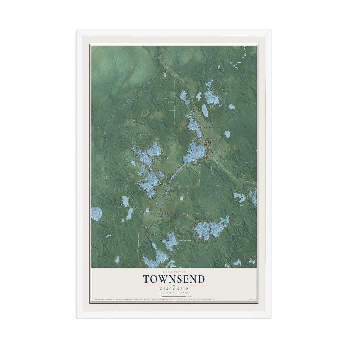 Map of Townsend, Wisconsin, 12 x 18 inch print in a white wood frame