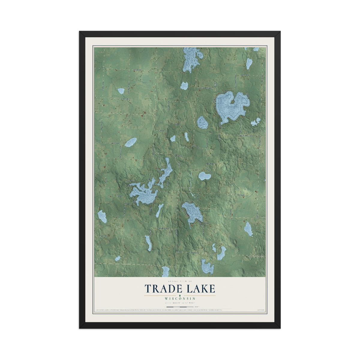 Map of Trade Lake, Wisconsin, 12 x 18 inch print in a black wood frame