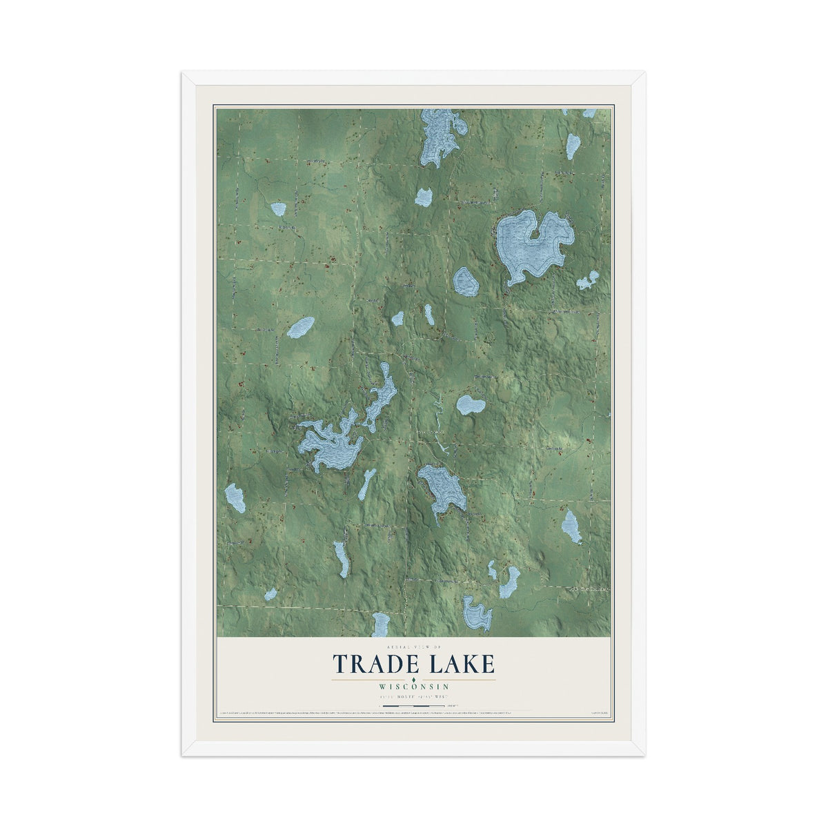 Map of Trade Lake, Wisconsin, 12 x 18 inch print in a white wood frame
