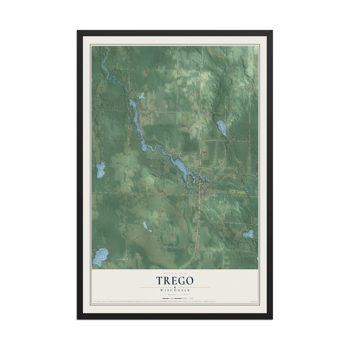 Map of Trego, Wisconsin, 12 x 18 inch print in a black wood frame