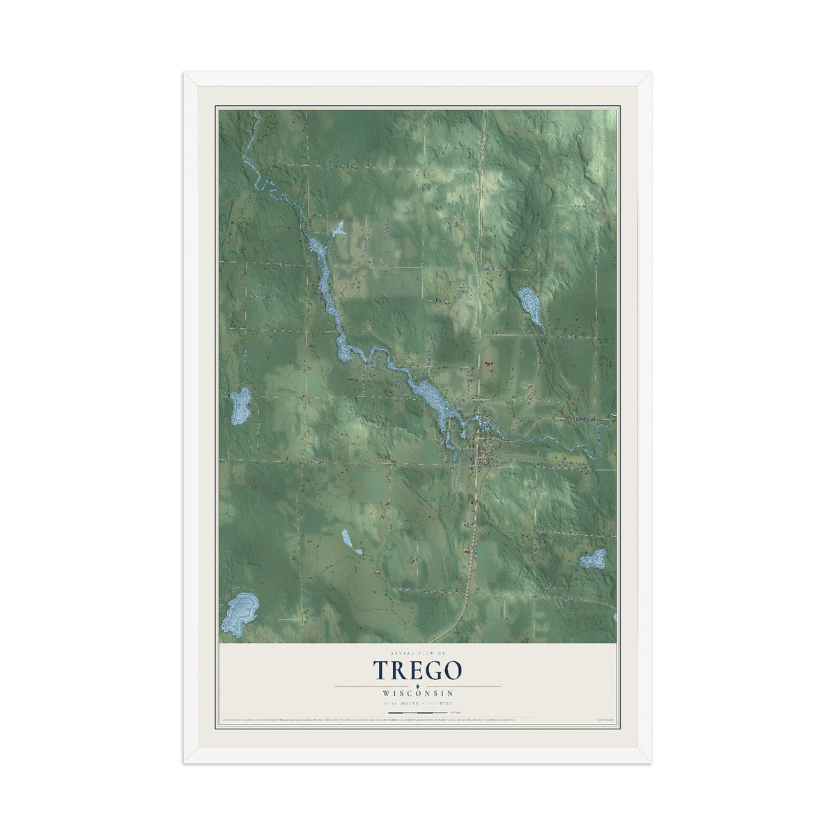 Map of Trego, Wisconsin, 12 x 18 inch print in a white wood frame