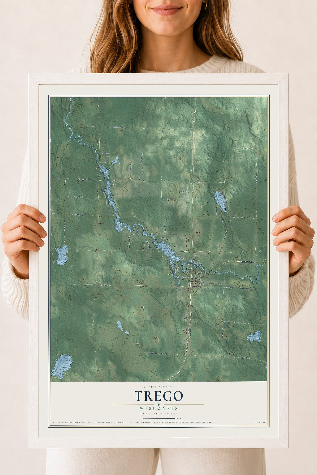Map of Trego, Wisconsin, 18 x 24 inch print in a white wood frame