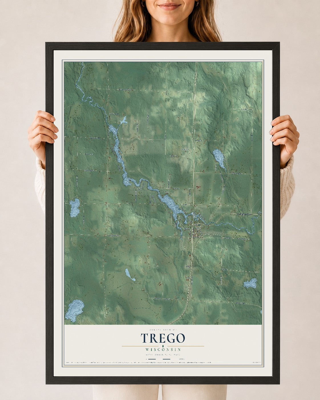Map of Trego, Wisconsin, 24 x 36 inch print in a black wood frame