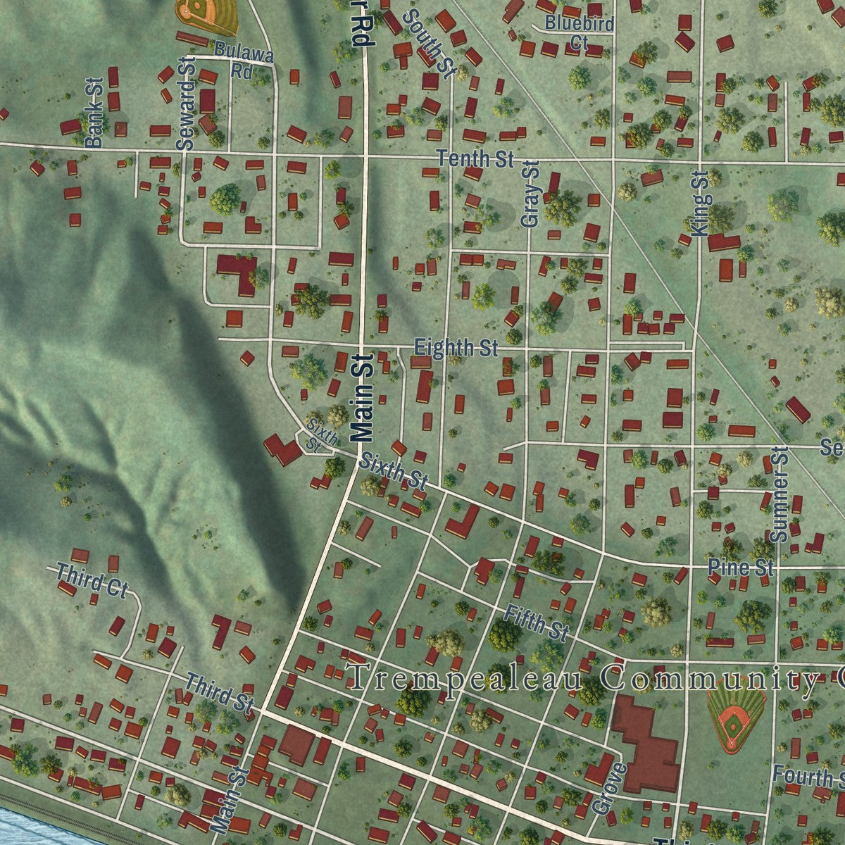 Close-up of the map of Trempealeau, Wisconsin print showing street and building detail