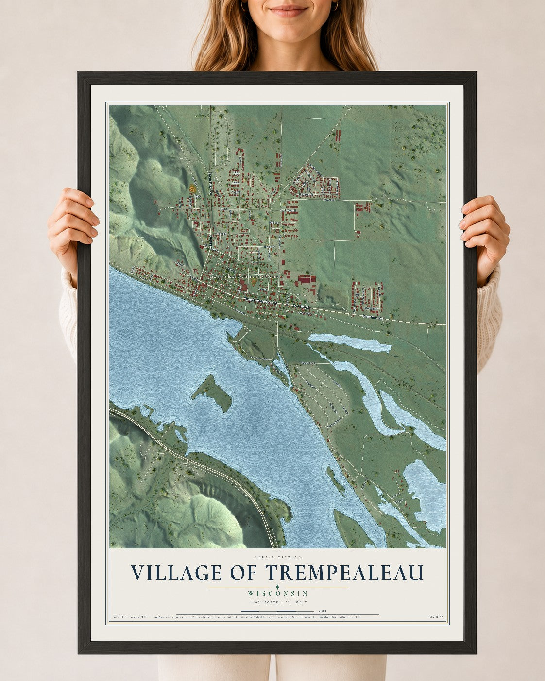 Map of Trempealeau, Wisconsin, 24 x 36 inch print in a black wood frame