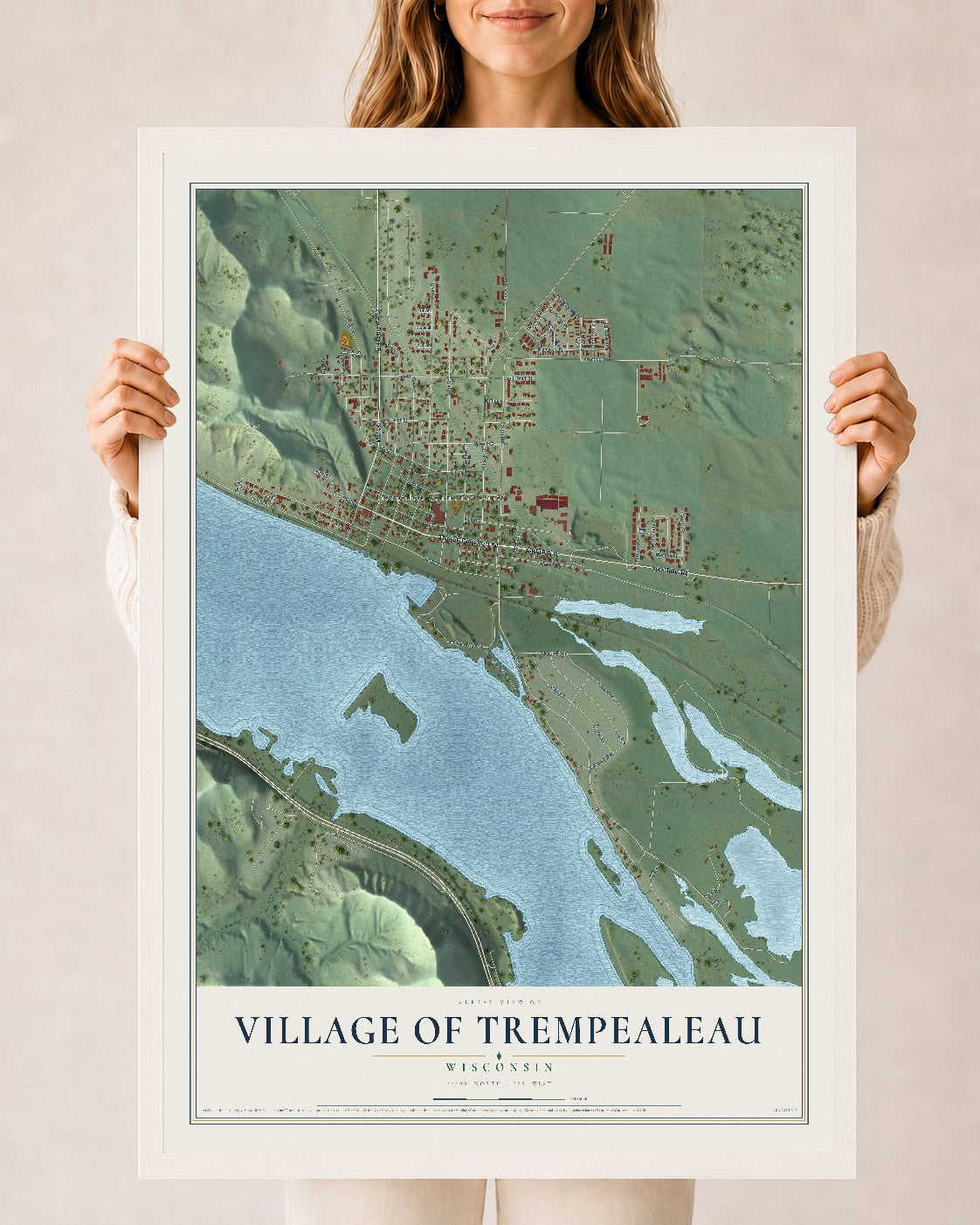 Map of Trempealeau, Wisconsin, 24 x 36 inch print in a white wood frame
