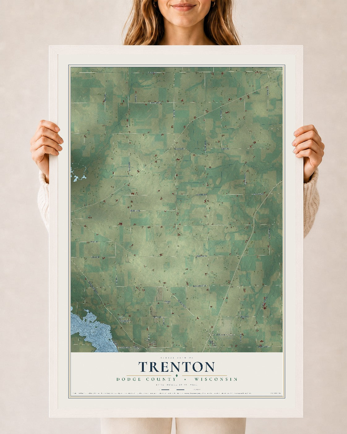 Map of Trenton, Dodge County, Wisconsin, 24 x 36 inch print in a white wood frame