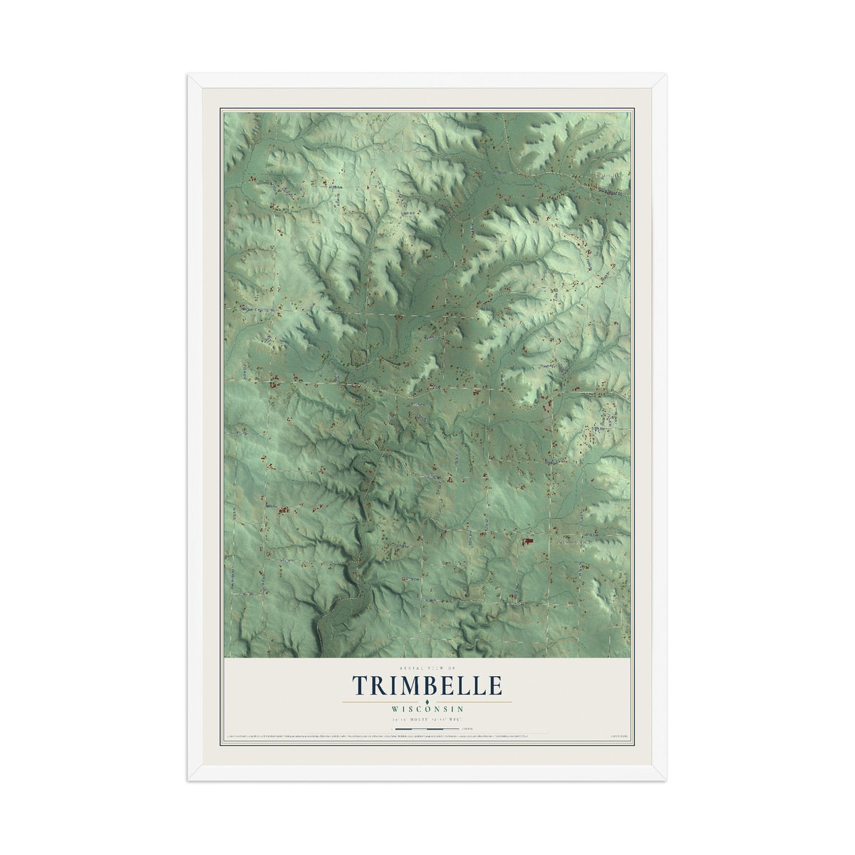 Map of Trimbelle, Wisconsin, 12 x 18 inch print in a white wood frame