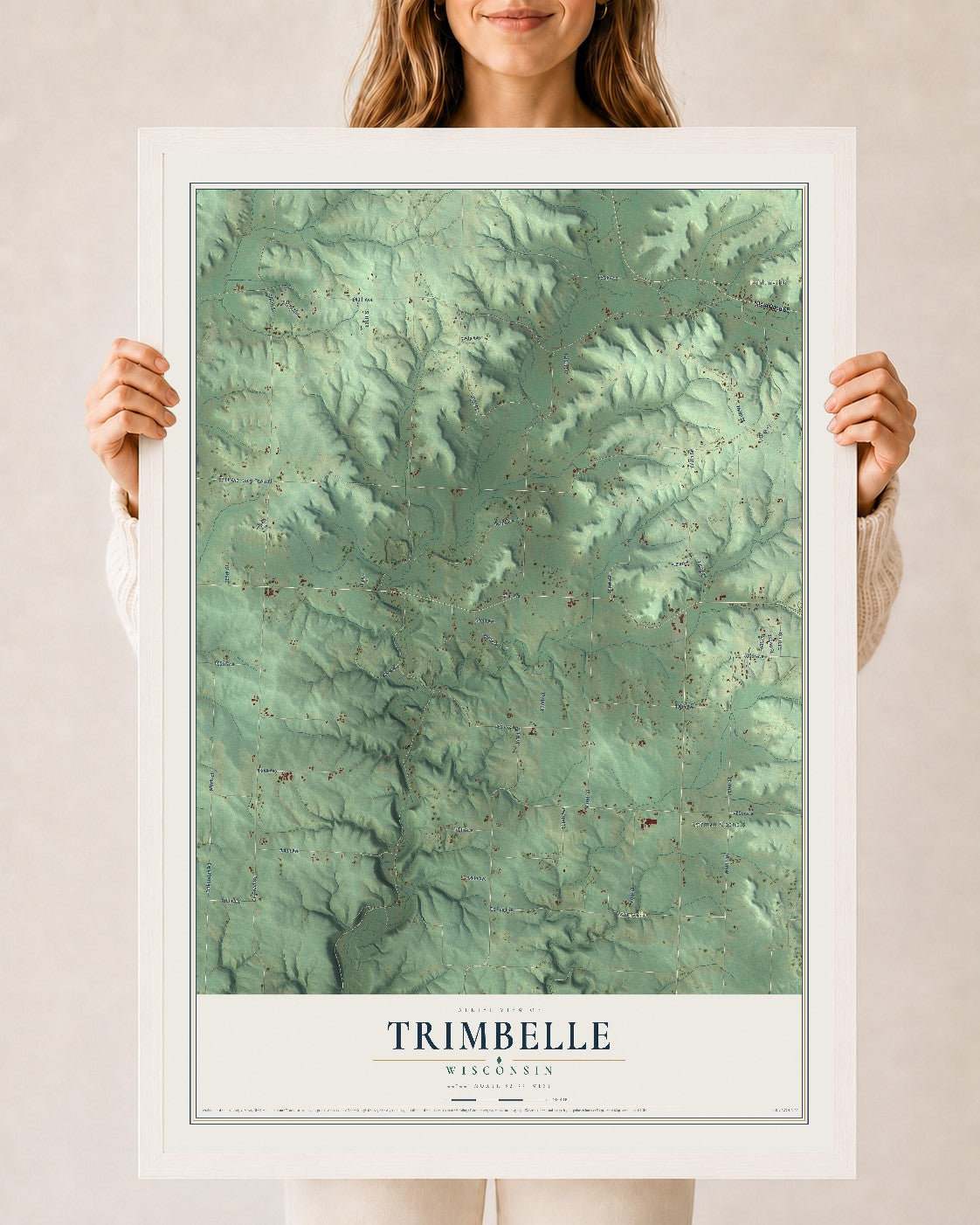 Map of Trimbelle, Wisconsin, 24 x 36 inch print in a white wood frame