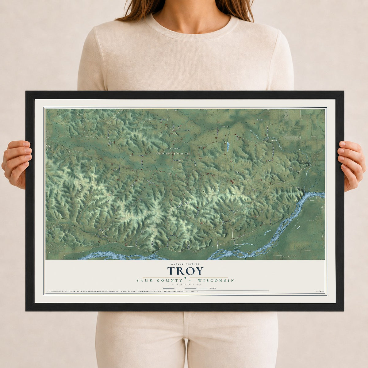Map of Troy, Sauk County, Wisconsin, 12 x 18 inch print in a black wood frame