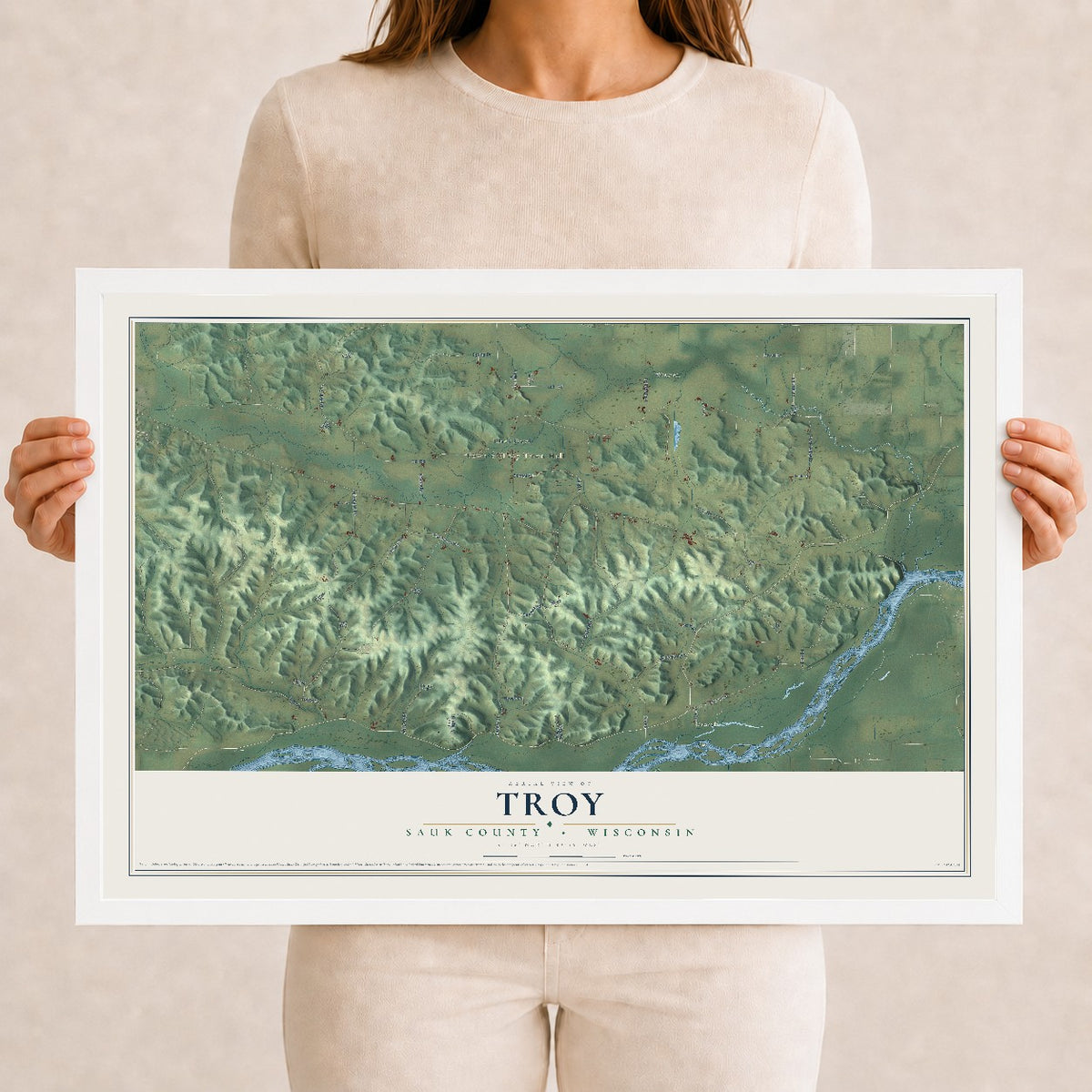 Map of Troy, Sauk County, Wisconsin, 12 x 18 inch print in a white wood frame