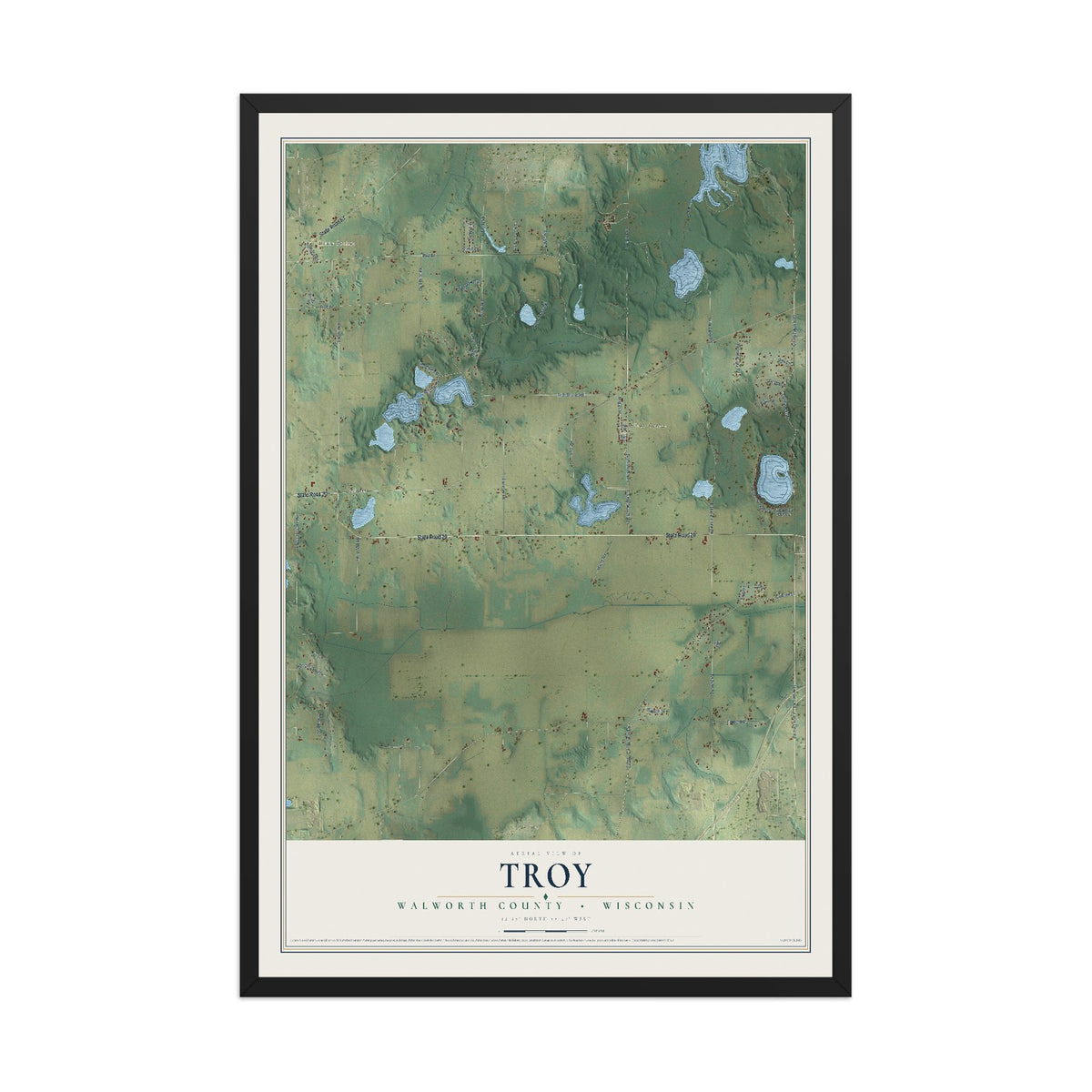 Map of Troy, Walworth County, Wisconsin, 12 x 18 inch print in a black wood frame