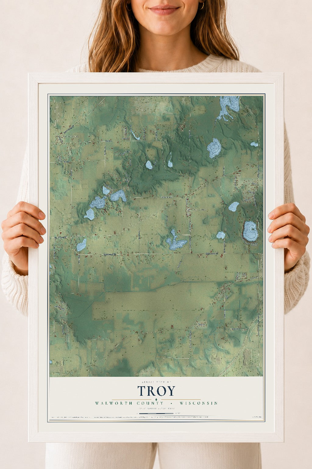 Map of Troy, Walworth County, Wisconsin, 18 x 24 inch print in a white wood frame