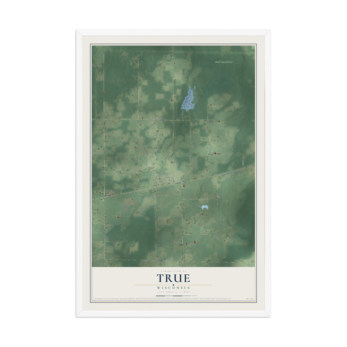 Map of True, Wisconsin, 12 x 18 inch print in a white wood frame