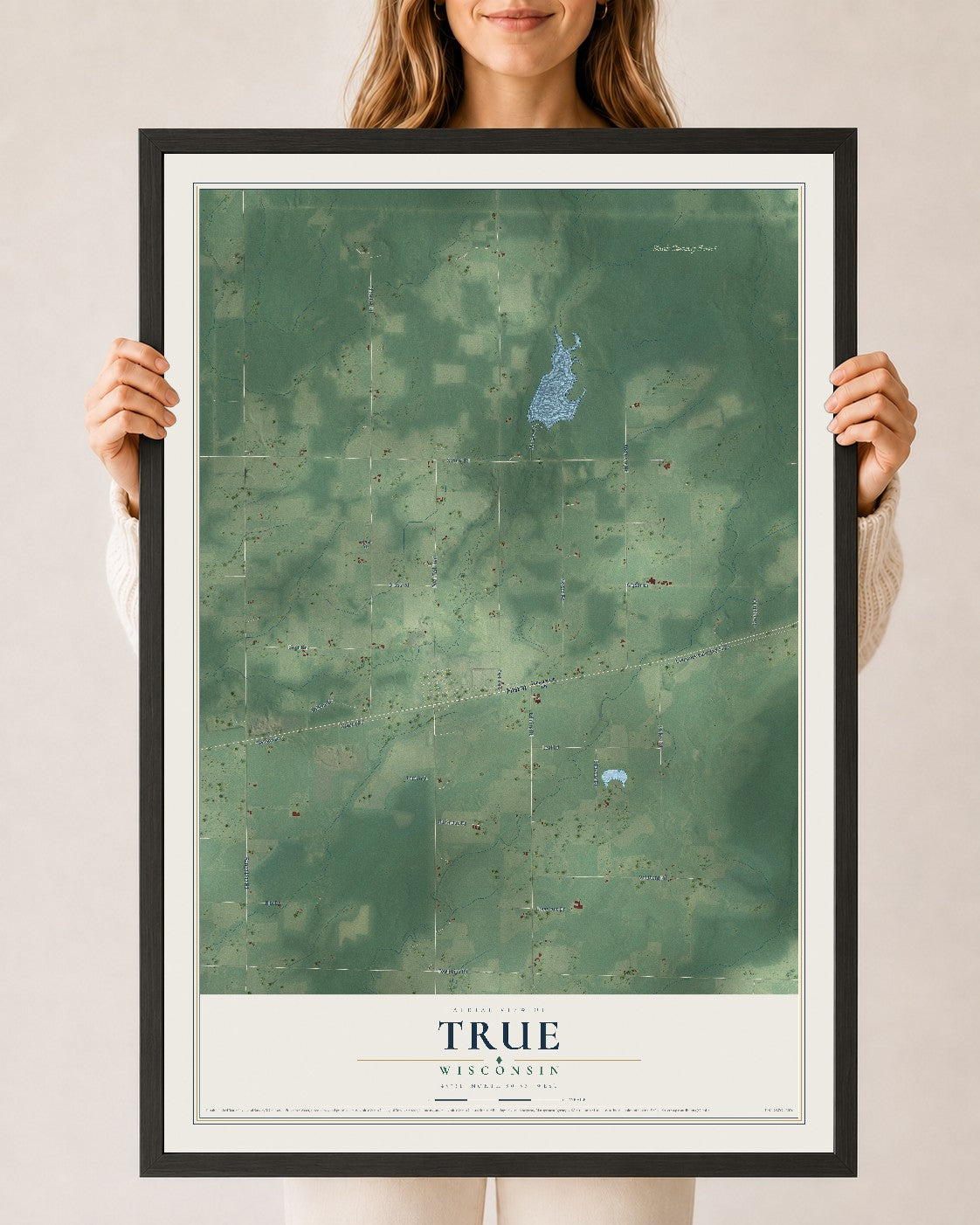 Map of True, Wisconsin, 24 x 36 inch print in a black wood frame