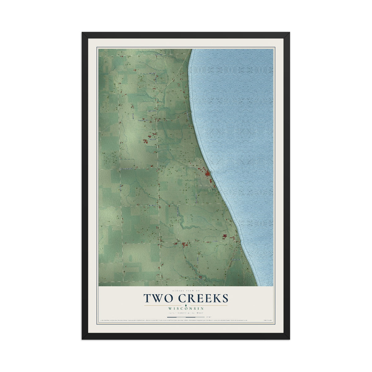 Map of Two Creeks, Wisconsin, 12 x 18 inch print in a black wood frame
