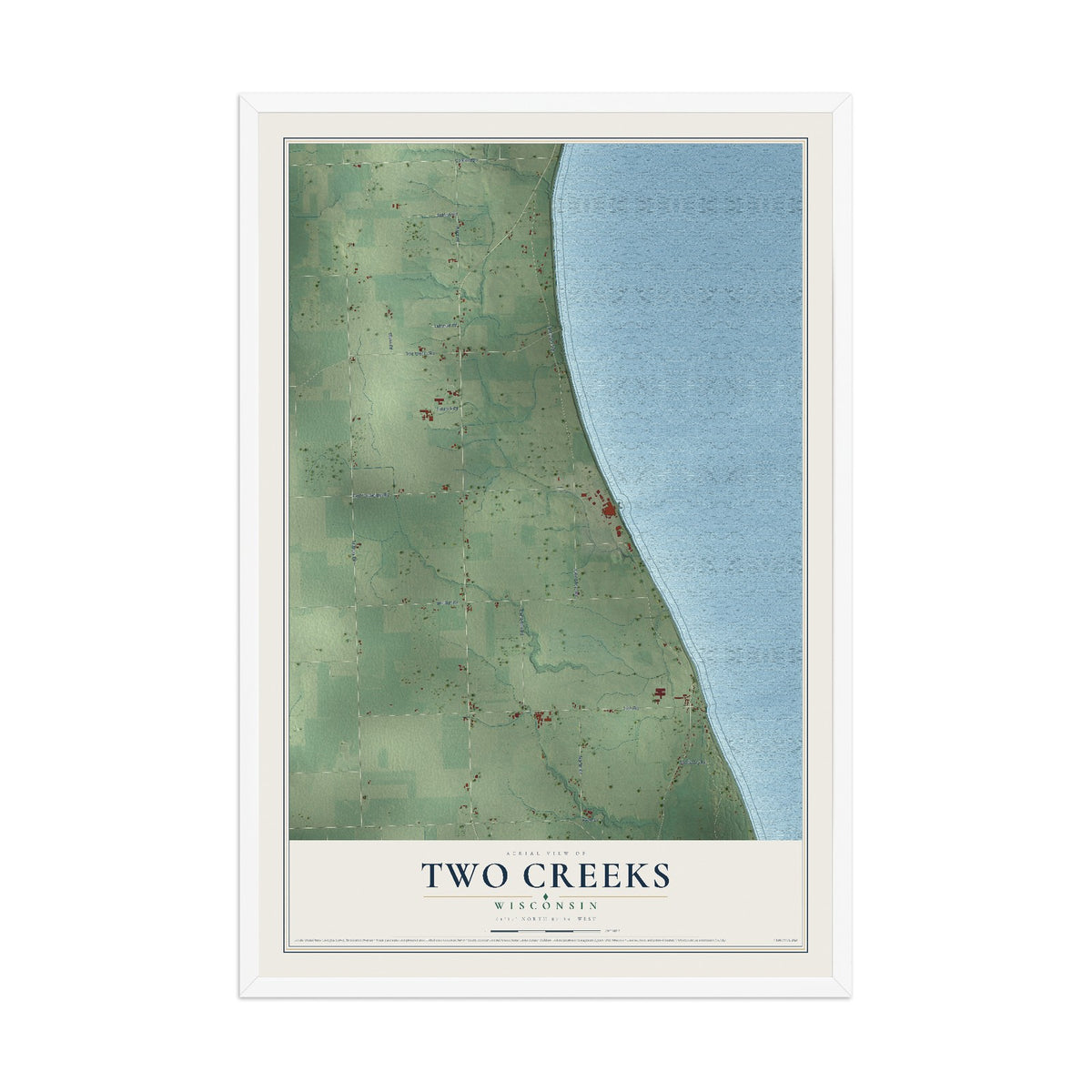 Map of Two Creeks, Wisconsin, 12 x 18 inch print in a white wood frame