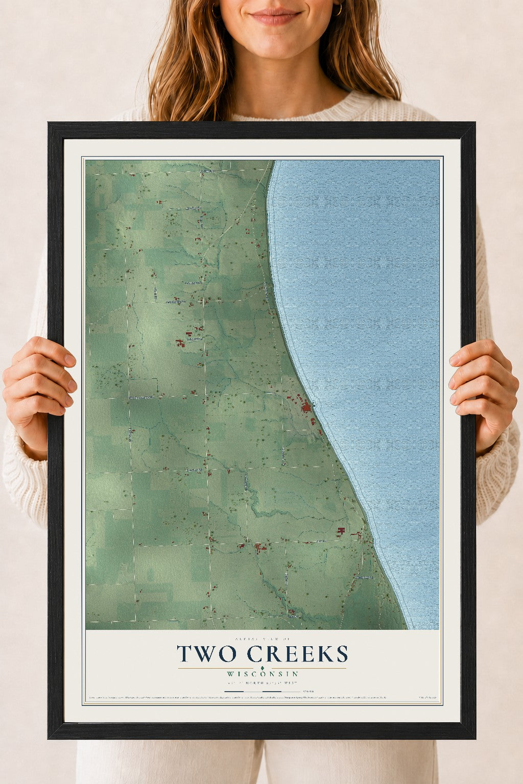 Map of Two Creeks, Wisconsin, 18 x 24 inch print in a black wood frame