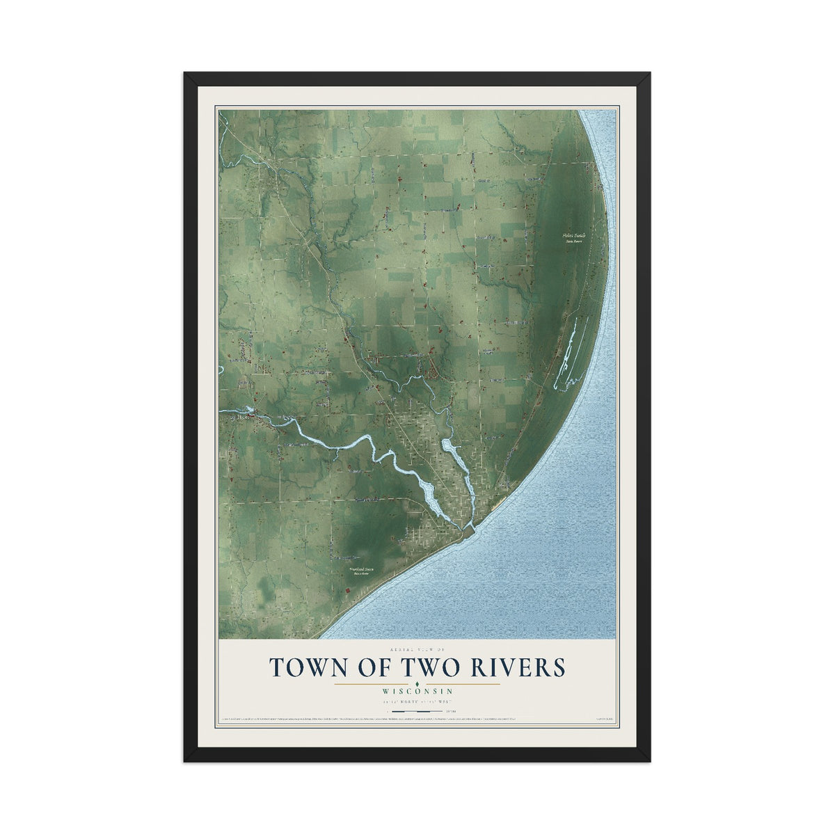 Map of the Town of Two Rivers, Wisconsin, 12 x 18 inch print in a black wood frame