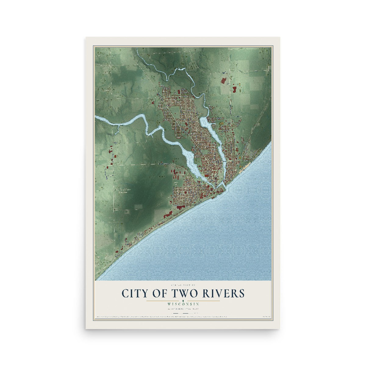 Map of Two Rivers, Wisconsin, 12 x 18 inch unframed archival matte print
