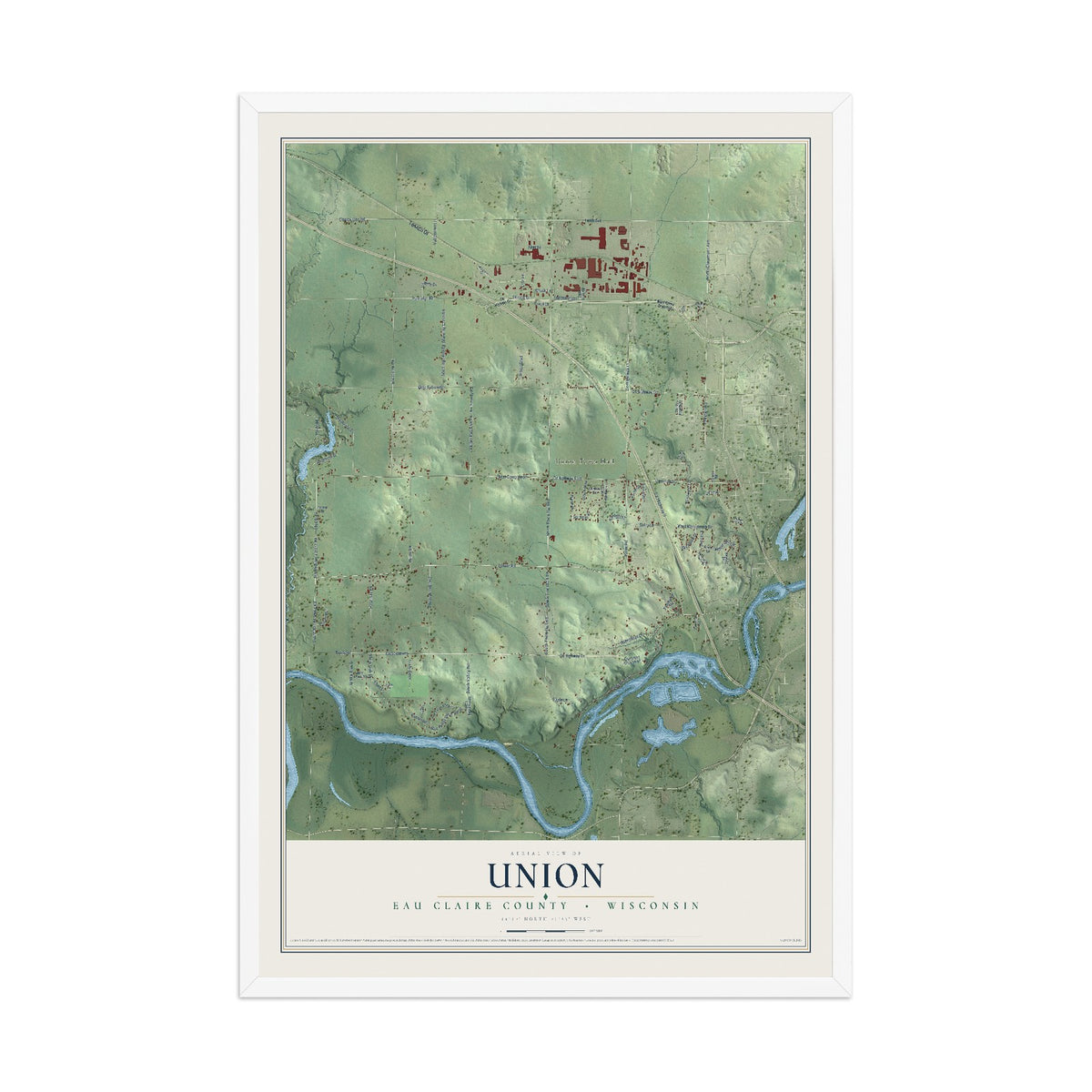 Map of Union, Eau Claire County, Wisconsin, 12 x 18 inch print in a white wood frame