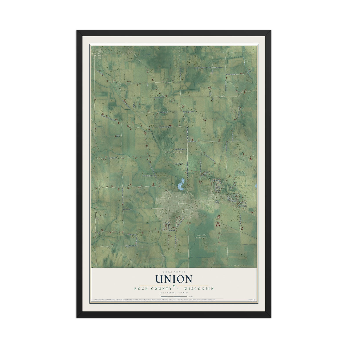 Map of Union, Rock County, Wisconsin, 12 x 18 inch print in a black wood frame