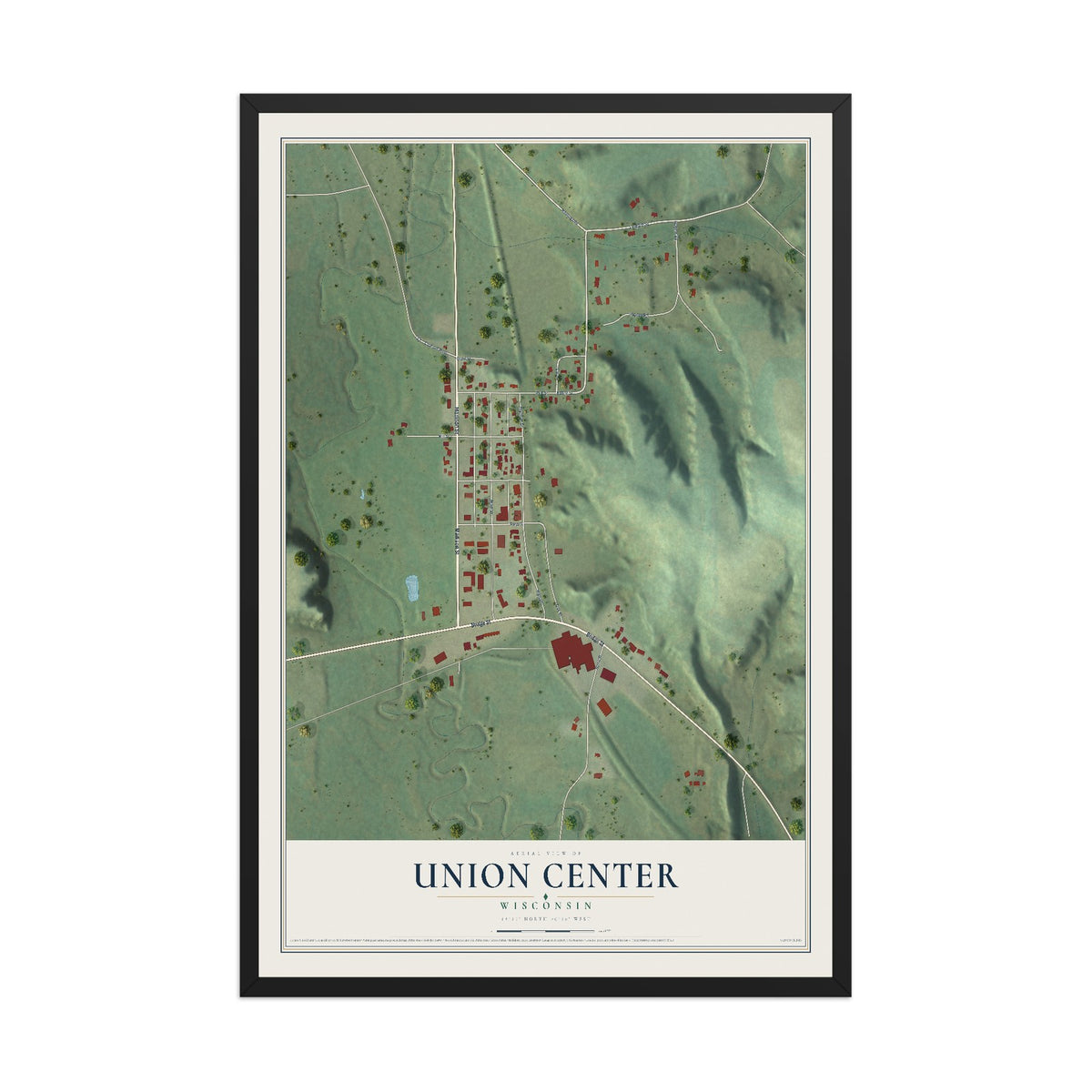 Map of Union Center, Wisconsin, 12 x 18 inch print in a black wood frame