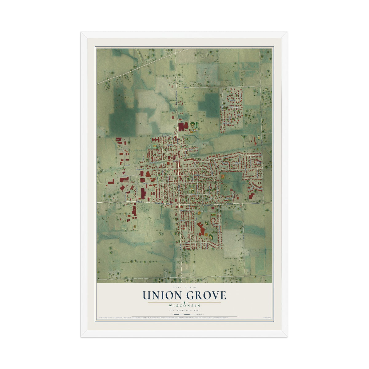 Map of Union Grove, Wisconsin, 12 x 18 inch print in a white wood frame