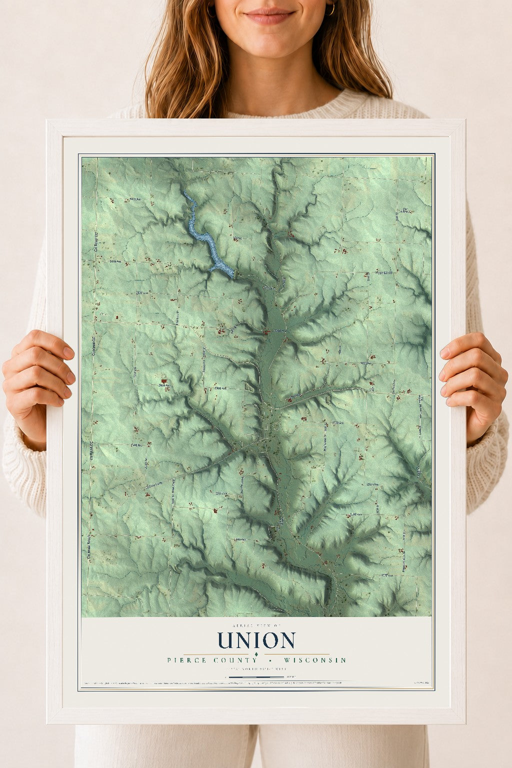 Map of Union, Pierce County, Wisconsin, 18 x 24 inch print in a white wood frame
