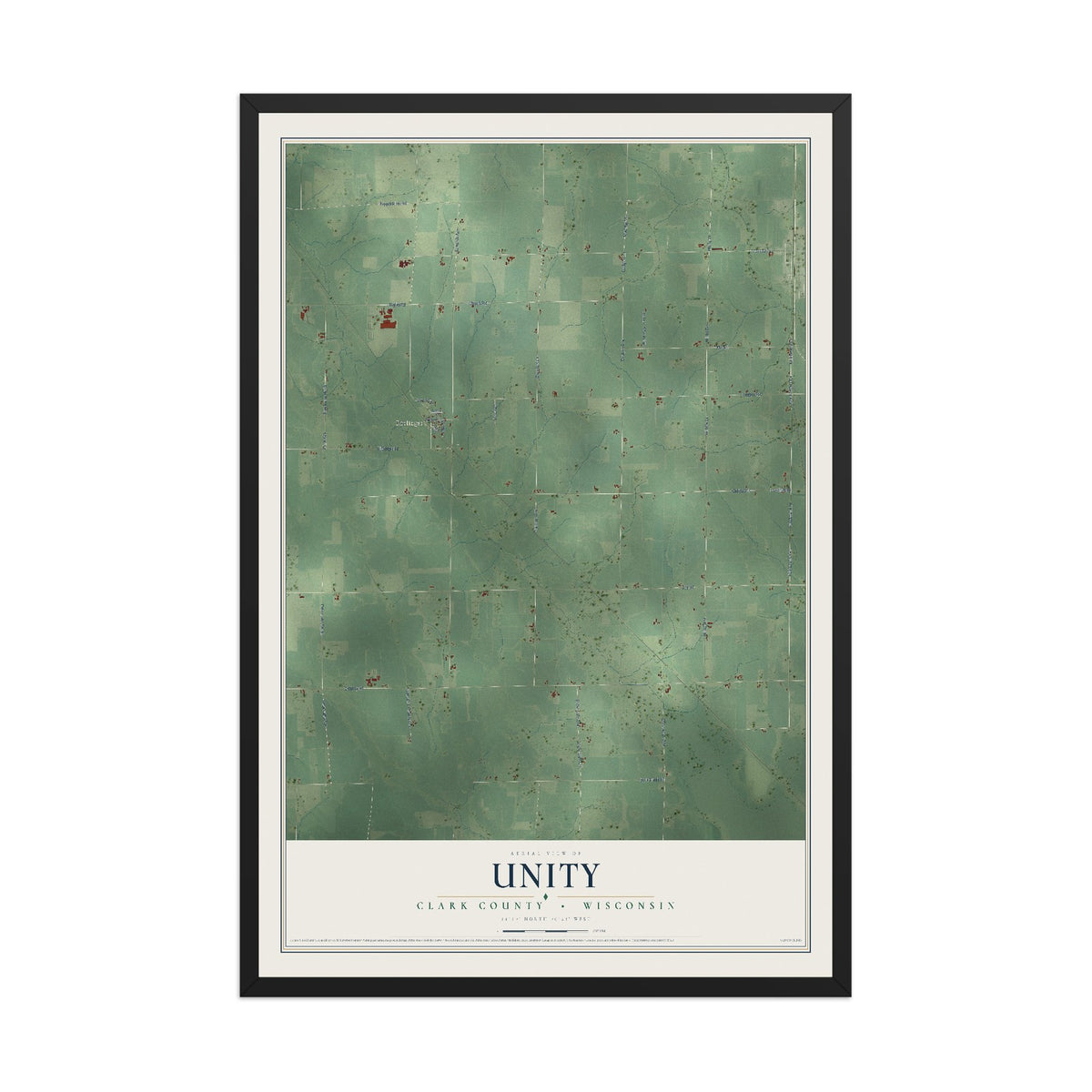 Map of Unity, Clark County, Wisconsin, 12 x 18 inch print in a black wood frame